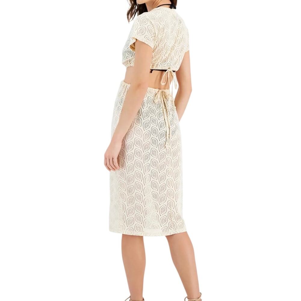 Miken Women’s Twist Front Crochet Midi Dress Swimsuit Cover Up Cream Size L - Picture 2 of 2